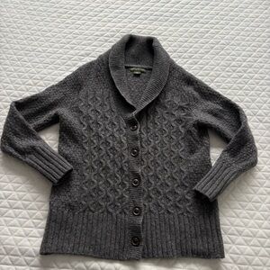 Eddie Bauer Cable Knit Cardigan Sweater Womens Large Lambswool Gray Shawl Collar